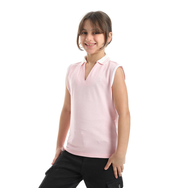 Cut_Sleeves_Turned_Down_Collar_V-Neck_Rose_T-Shirt-Rose