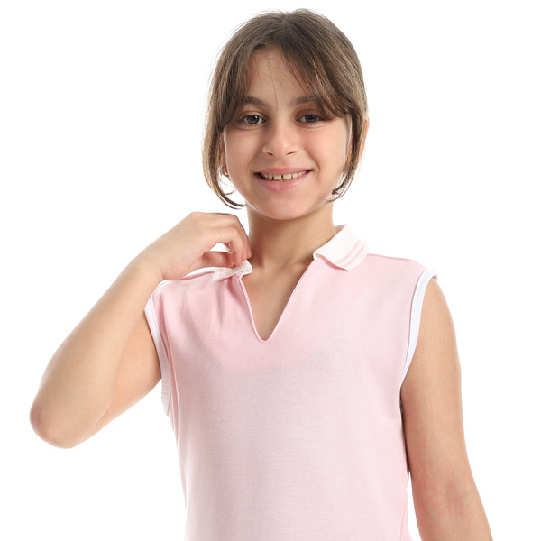 Cut_Sleeves_Turned_Down_Collar_V-Neck_Rose_T-Shirt-Rose