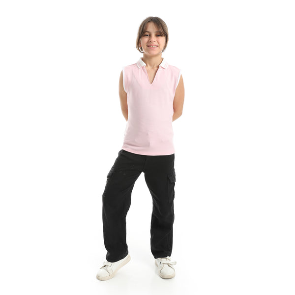 Cut_Sleeves_Turned_Down_Collar_V-Neck_Rose_T-Shirt-Rose