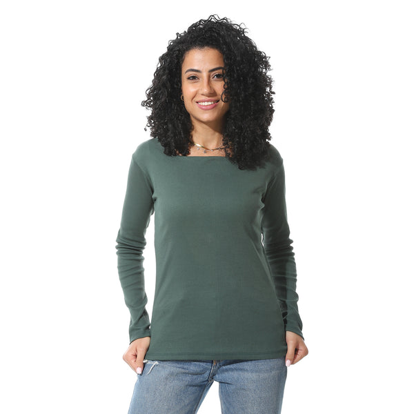 Long_Sleeves_With_Square_Collar_Basic_olive_T-_Shirt