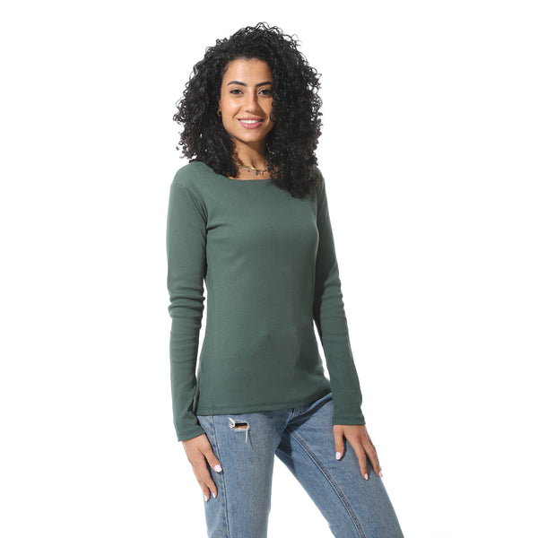 Long_Sleeves_With_Square_Collar_Basic_olive_T-_Shirt