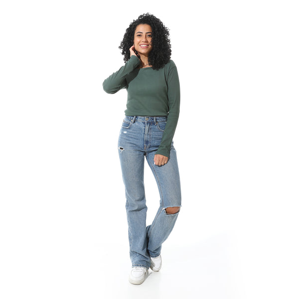Long_Sleeves_With_Square_Collar_Basic_olive_T-_Shirt
