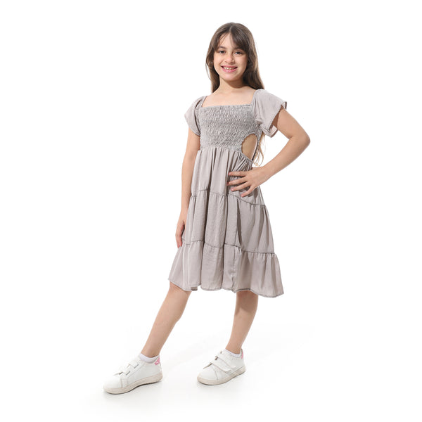 Elastic_Chest_Ruffles_Sleeves_Girls_Dress___Greyish_Beige