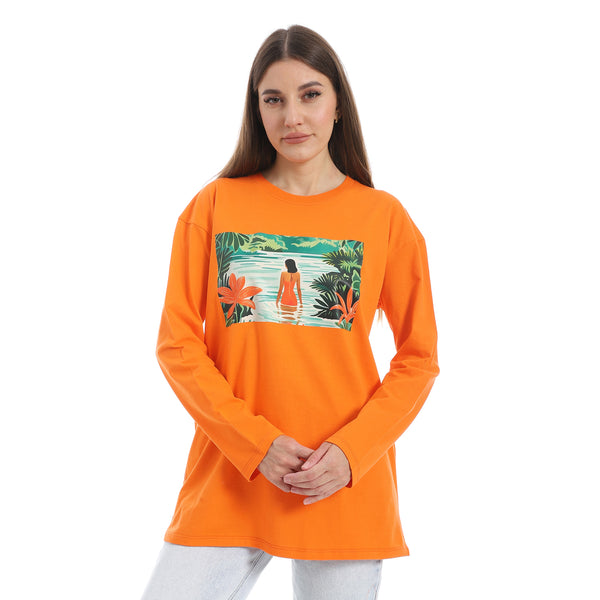 Orange_Long_Sleeves_Oversized_Printed_T-Shirt