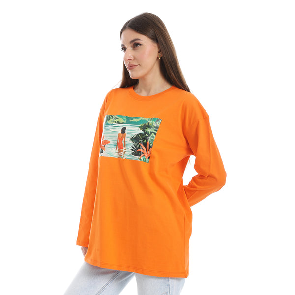 Orange_Long_Sleeves_Oversized_Printed_T-Shirt