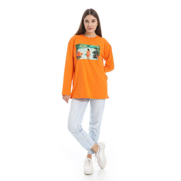 Orange_Long_Sleeves_Oversized_Printed_T-Shirt
