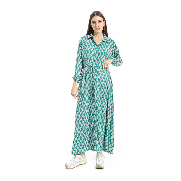 Long_Sleeves_Dress_Button_Closure_-_Green_&_White