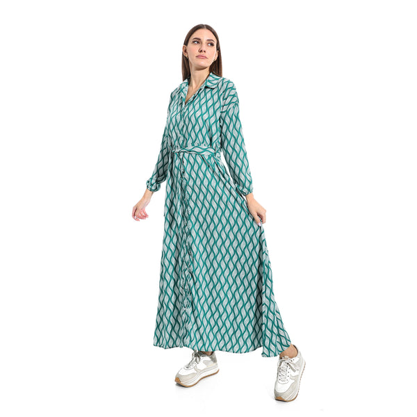 Long_Sleeves_Dress_Button_Closure_-_Green_&_White