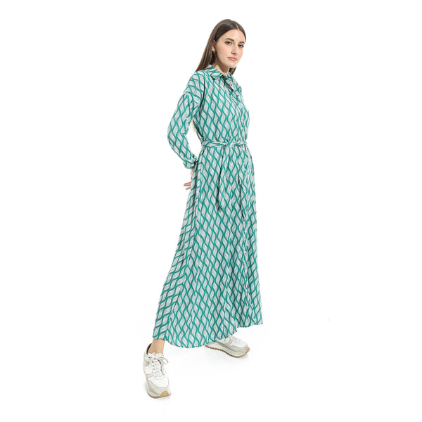 Long_Sleeves_Dress_Button_Closure_-_Green_&_White
