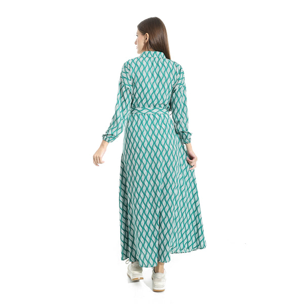 Long_Sleeves_Dress_Button_Closure_-_Green_&_White