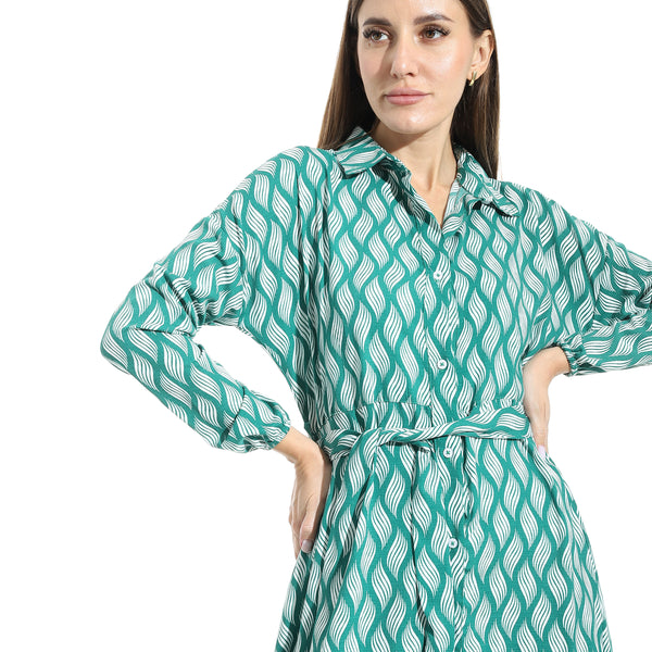 Long_Sleeves_Dress_Button_Closure_-_Green_&_White