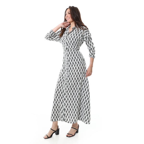 Self_Pattern_Buttoned_Long_Dress_-_Black_&_White