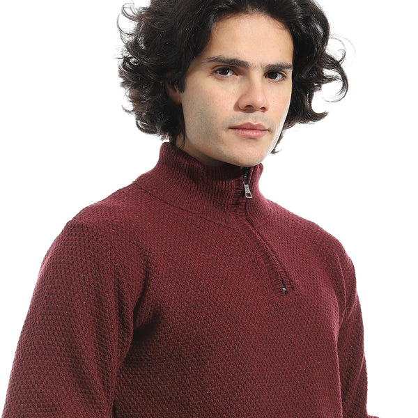 Plain_Self_Pattern_Zipper_Closure_Sweater_-_Dark_Red