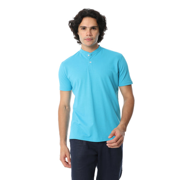 Round_Collar_Button_Closure_Half_Sleeves_T-Shirt_-_Blue
