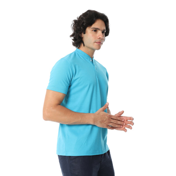 Round_Collar_Button_Closure_Half_Sleeves_T-Shirt_-_Blue