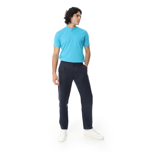 Round_Collar_Button_Closure_Half_Sleeves_T-Shirt_-_Blue