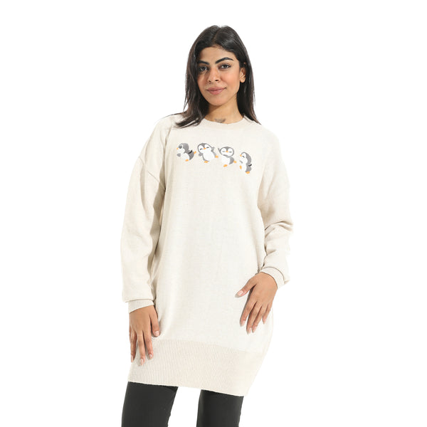Embrodried_"Penguins"_Long_Sleeves_Beige_Pullover_Beige