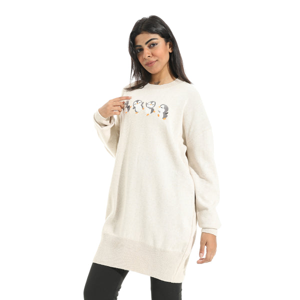 Embrodried_"Penguins"_Long_Sleeves_Beige_Pullover_Beige