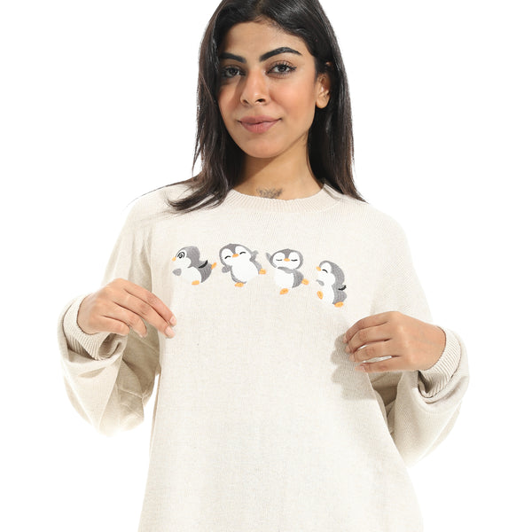 Embrodried_"Penguins"_Long_Sleeves_Beige_Pullover_Beige
