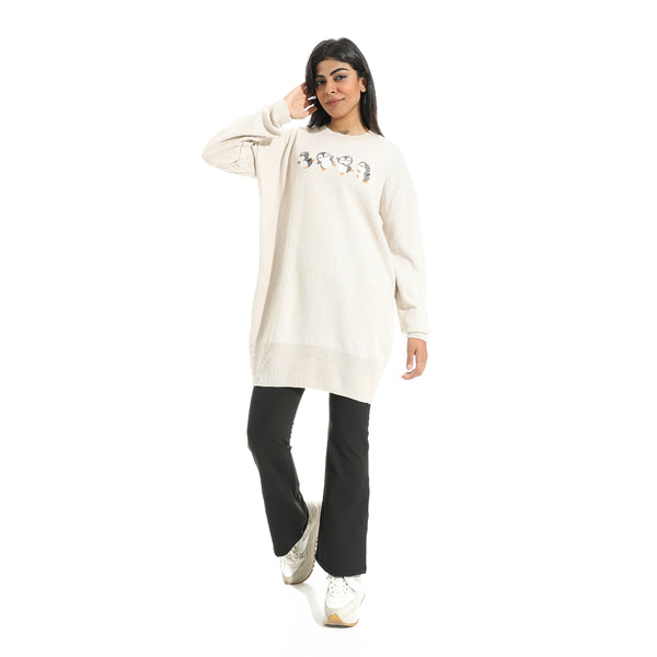 Embrodried_"Penguins"_Long_Sleeves_Beige_Pullover_Beige
