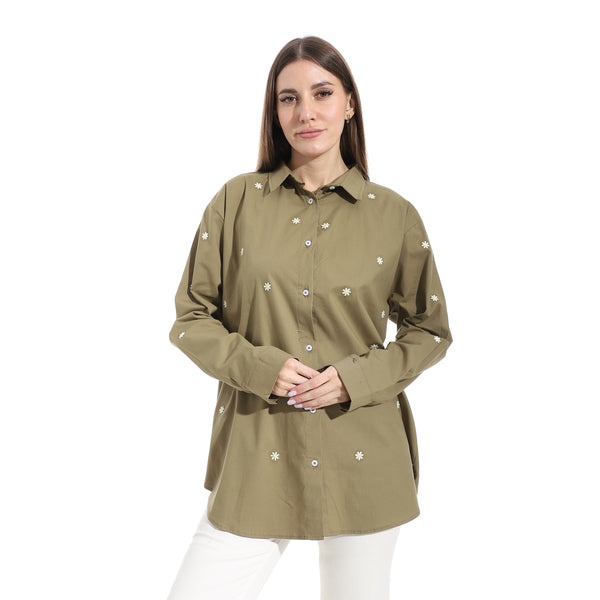 Embroidered_Turned_Down_Collar_Button_Closure_Shirt_-_Olive
