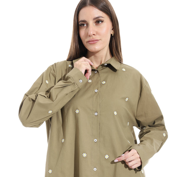 Embroidered_Turned_Down_Collar_Button_Closure_Shirt_-_Olive