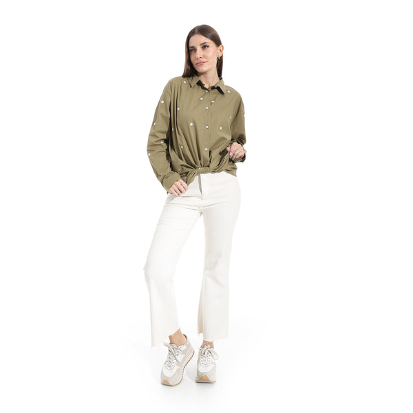 Embroidered_Turned_Down_Collar_Button_Closure_Shirt_-_Olive