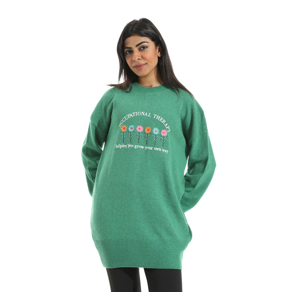Embrodried_Flowers_Shapes_Long_Sleeves_Green_Pullover_Green