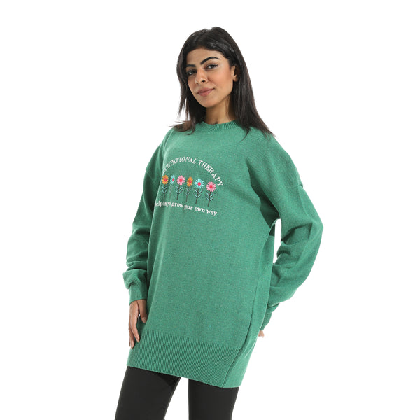 Embrodried_Flowers_Shapes_Long_Sleeves_Green_Pullover_Green