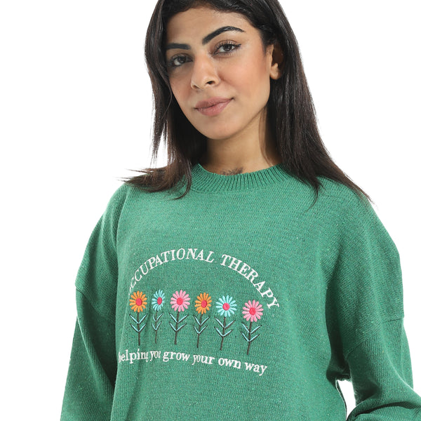 Embrodried_Flowers_Shapes_Long_Sleeves_Green_Pullover_Green