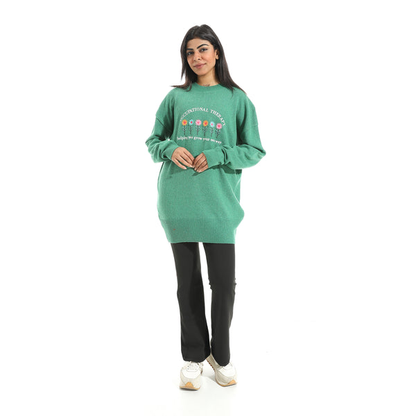 Embrodried_Flowers_Shapes_Long_Sleeves_Green_Pullover_Green