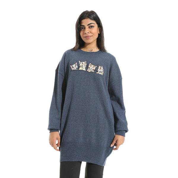 Embrodried_Cats_Shapes_Long_Sleeves_Indigo_Pullover_Blue