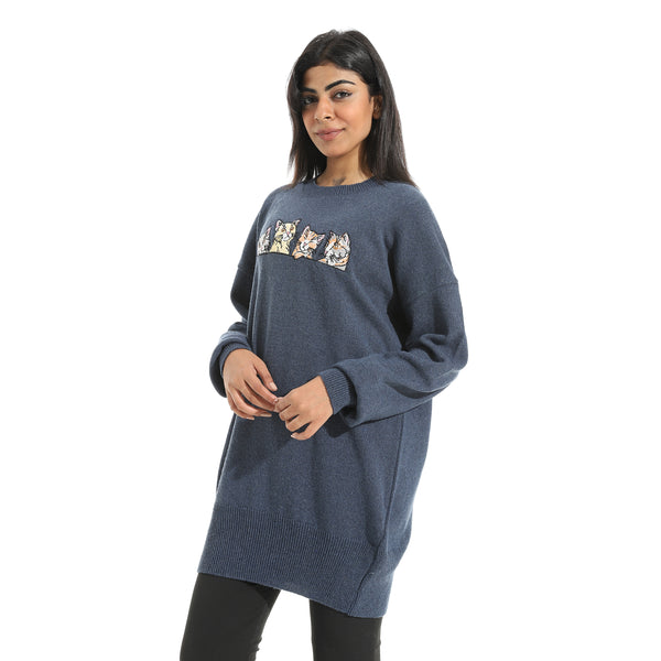 Embrodried_Cats_Shapes_Long_Sleeves_Indigo_Pullover_Blue