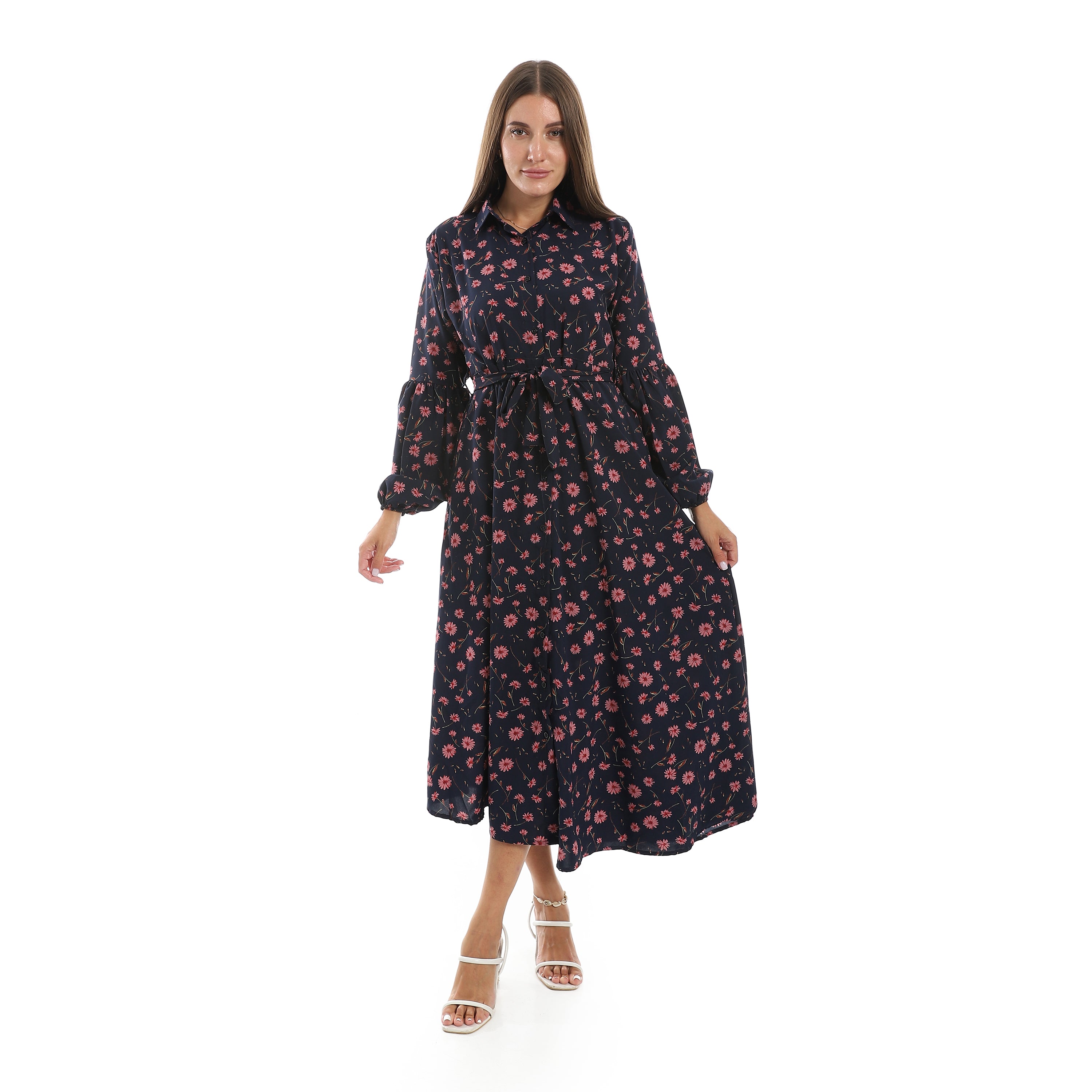 Classic_Everyday_Wear_Floral_Long_Sleeves_Maxi_Dress_–_Navy_&_Pink