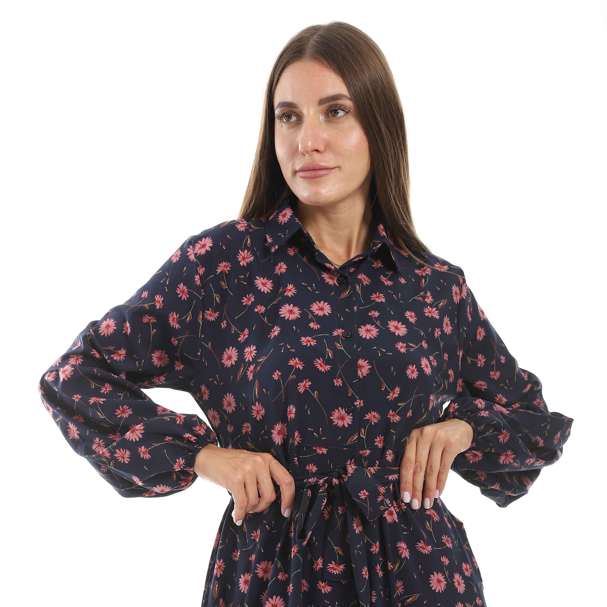 Classic_Everyday_Wear_Floral_Long_Sleeves_Maxi_Dress_–_Navy_&_Pink