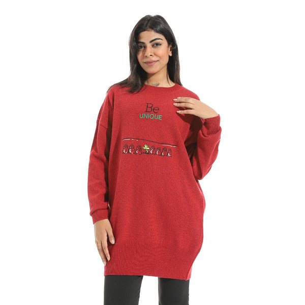 Embrodried_"Be_Unique"_Long_Sleeves_Green_Pullover_Red