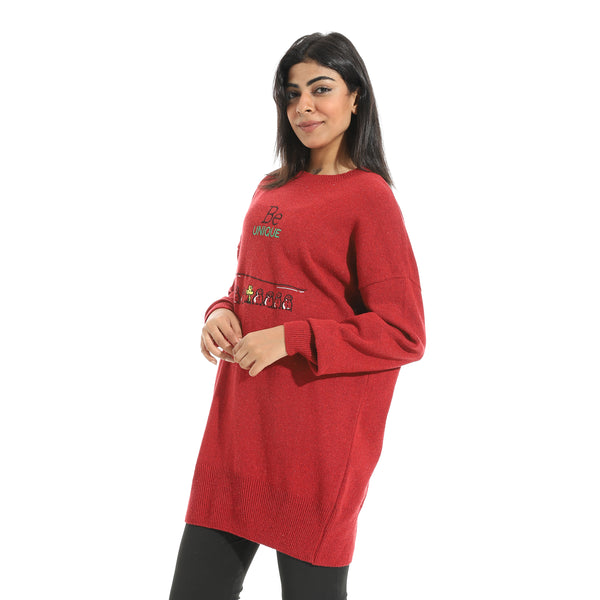 Embrodried_"Be_Unique"_Long_Sleeves_Green_Pullover_Red