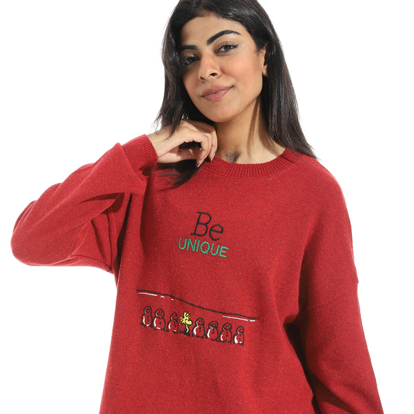 Embrodried_"Be_Unique"_Long_Sleeves_Green_Pullover_Red