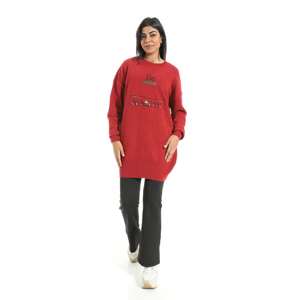 Embrodried_"Be_Unique"_Long_Sleeves_Green_Pullover_Red
