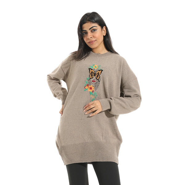 Embrodried_Butterfly_Shape_Long_Sleeves_Beige_Pullover_Beige