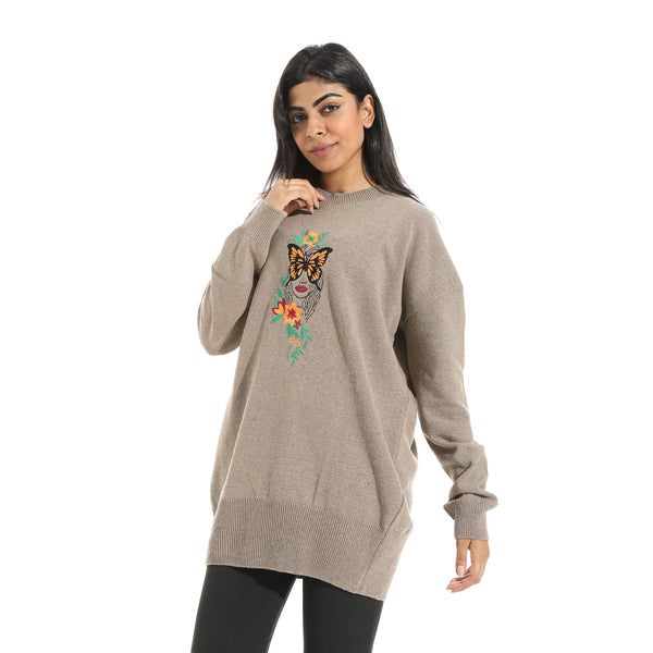 Embrodried_Butterfly_Shape_Long_Sleeves_Beige_Pullover_Beige