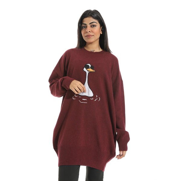 Embrodried_Cool_Duck_Shape_Long_Sleeves_Burgundy_Pullover_Red