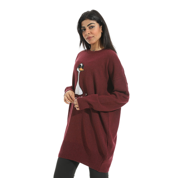 Embrodried_Cool_Duck_Shape_Long_Sleeves_Burgundy_Pullover_Red