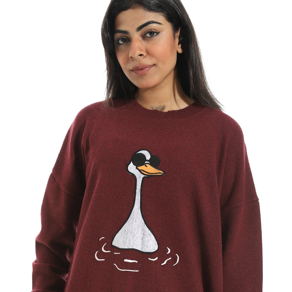 Embrodried_Cool_Duck_Shape_Long_Sleeves_Burgundy_Pullover_Red
