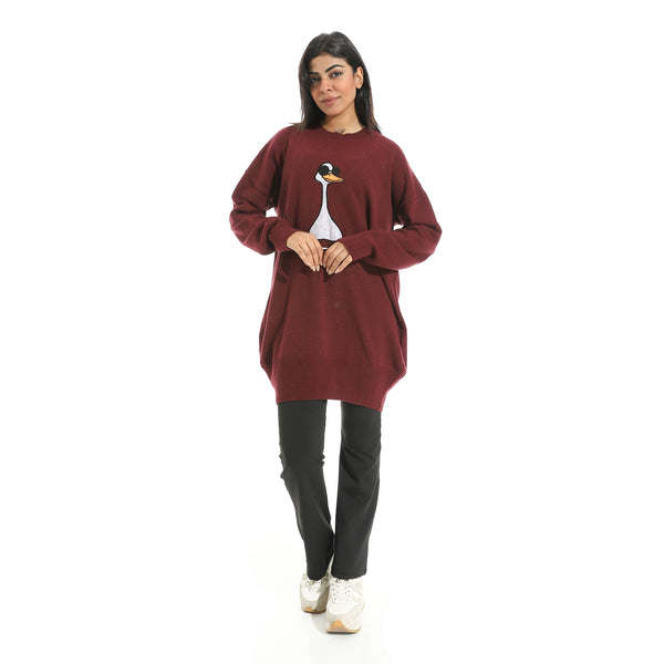 Embrodried_Cool_Duck_Shape_Long_Sleeves_Burgundy_Pullover_Red