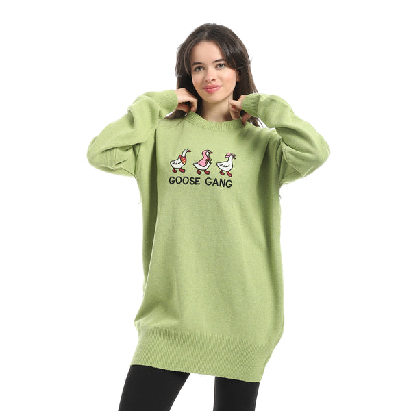 Embrodried_"Goose_Gang"_Long_Sleeves_Light_Green_Pullover-Green