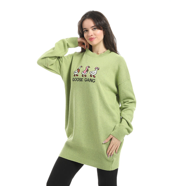 Embrodried_"Goose_Gang"_Long_Sleeves_Light_Green_Pullover-Green