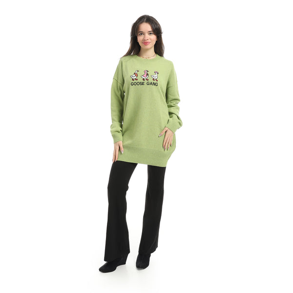 Embrodried_"Goose_Gang"_Long_Sleeves_Light_Green_Pullover-Green