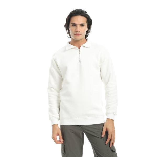 White_Turned_Down_Collar_With_Zipper_Closure_Basic_Sweatshirt-White