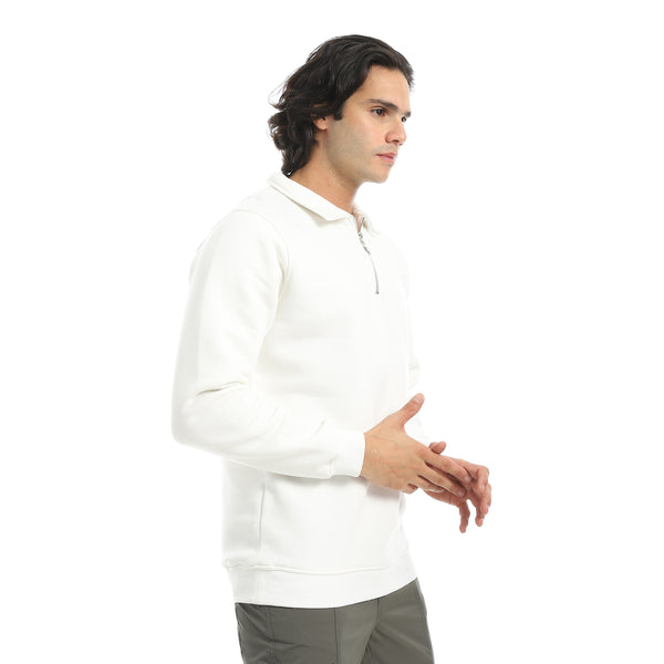 White_Turned_Down_Collar_With_Zipper_Closure_Basic_Sweatshirt-White